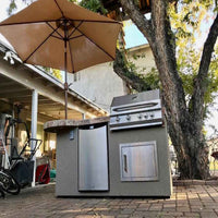 Outdoor BBQ Island Built for Entertaining, 7'6" Layout, 33" Round Bar, LED Lights, Built-In Grill