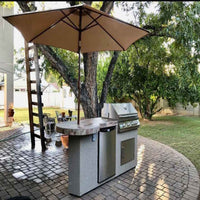 Outdoor BBQ Island Built for Entertaining, 7'6" Layout, 33" Round Bar, LED Lights, Built-In Grill