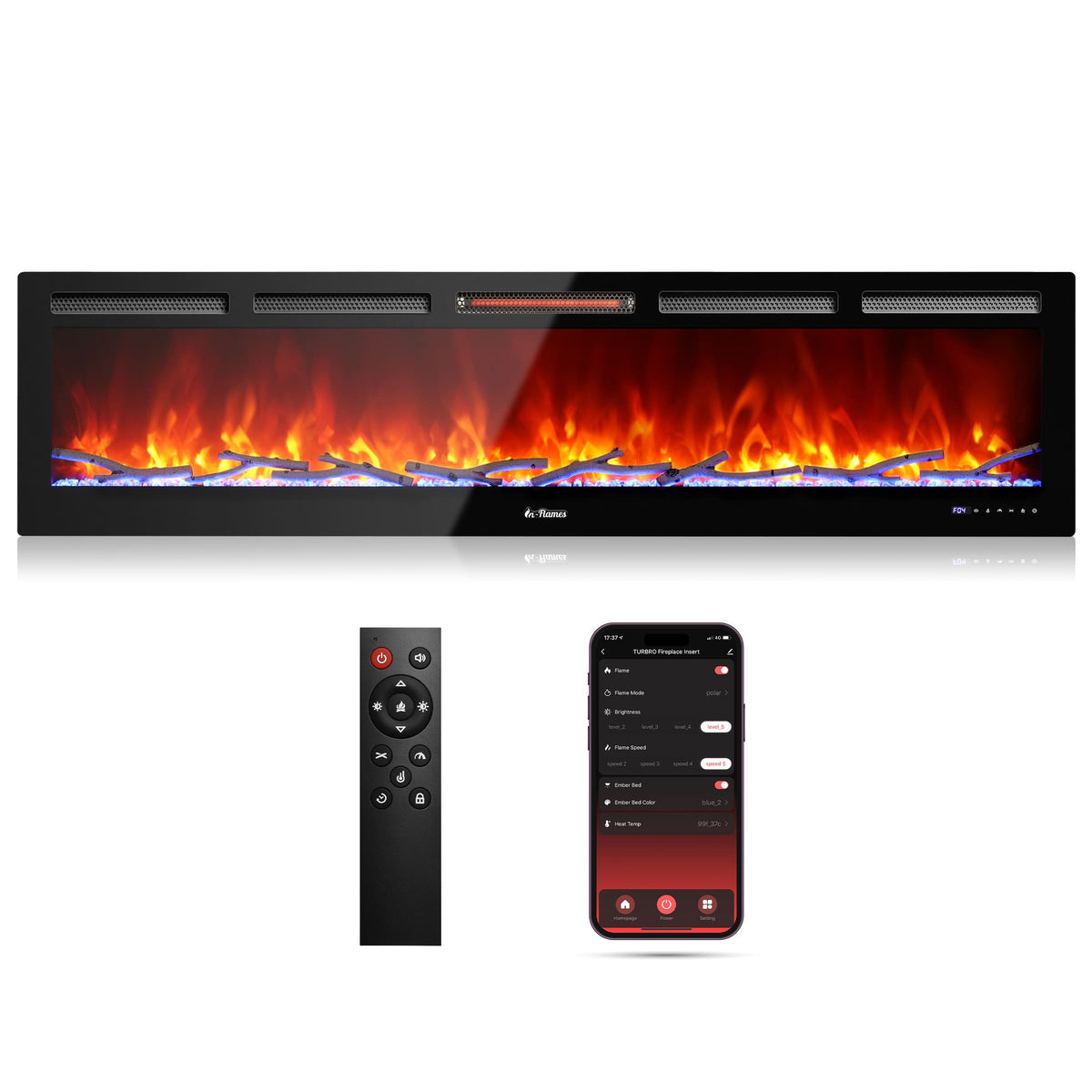 In Flames INF72W-3D WiFi Smart Wall Mounted Electric Fireplace - Tempered Glass